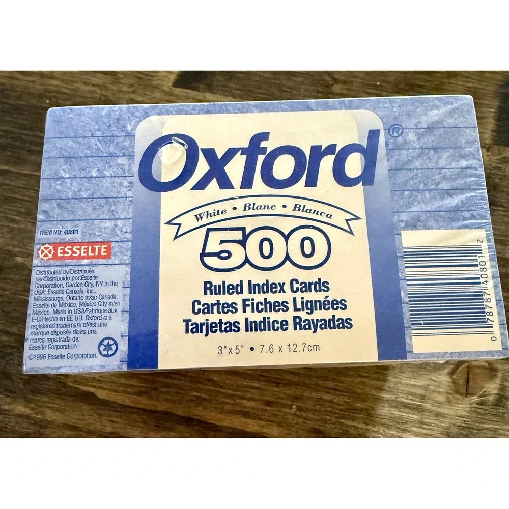 Oxford Ruled Index Cards 500 Count 3x5 White NEW Vintage 1996 Esselte 40801 USA